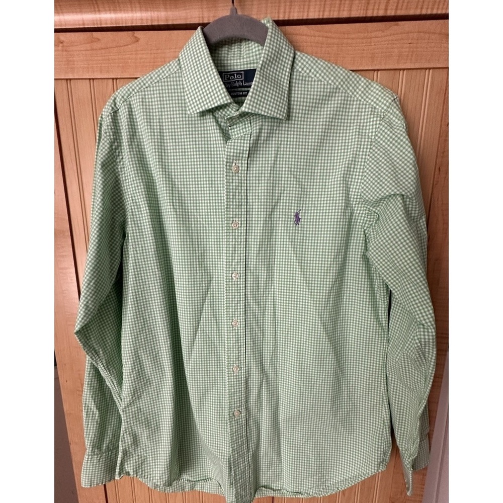 Ralph Lauren Shirt Mens Green White Check Cotton Stretch Button Up Pony Sz 16